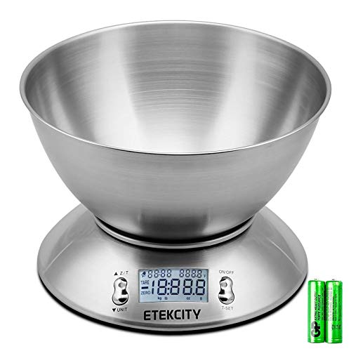 Etekcity Báscula Digital para Cocina con Bol Removible, 5 kg / 11 lbs, Balanza de Cocina de Acero...