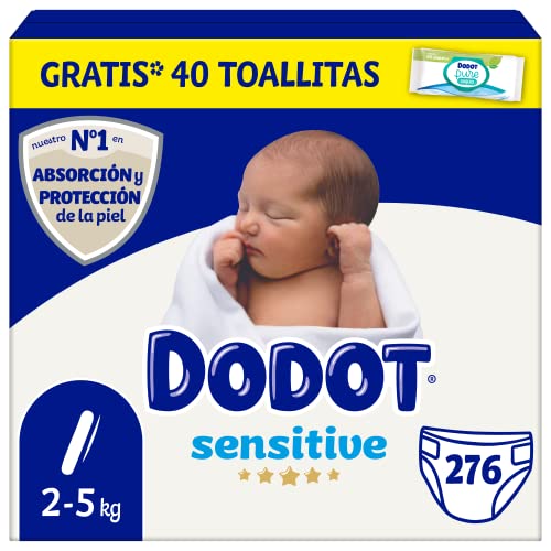 Dodot Pañales Bebé Sensitive Talla 1 (2-5 kg), 276 Pañales + 1 Pack de 40 Toallitas Gratis Aqua...