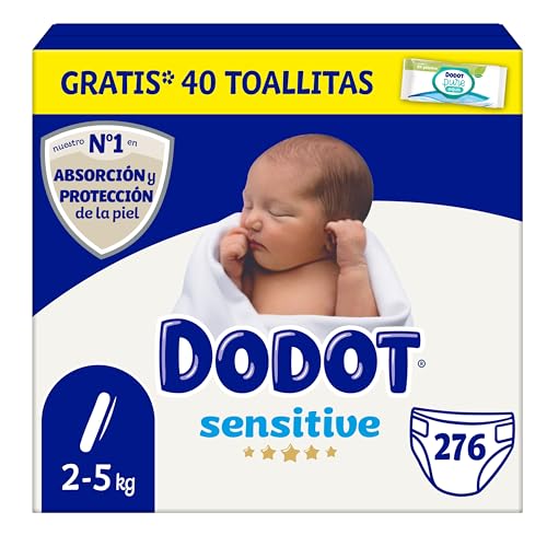 Dodot Pañales Bebé Sensitive Talla 1 (2-5 kg), 276 Pañales + Pack de 48 Toallitas Gratis Cuidado...